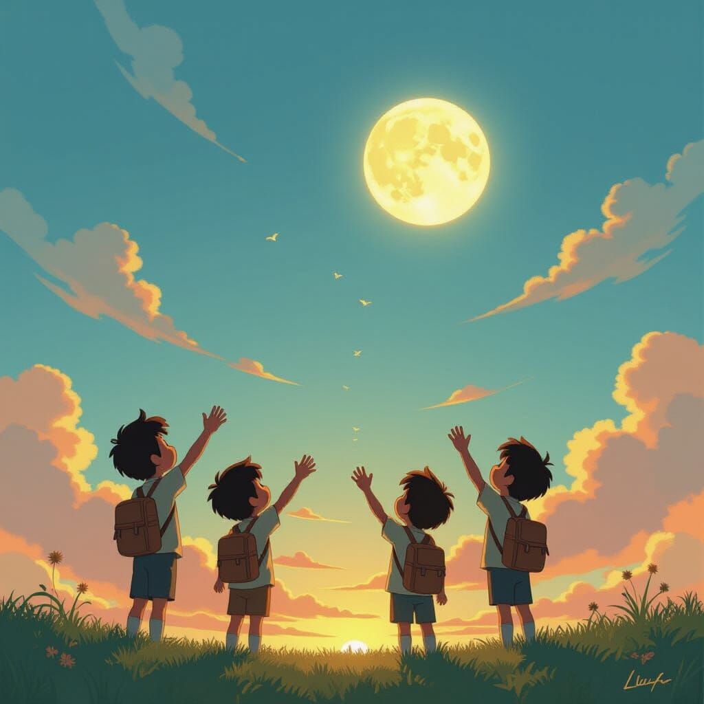 Boys Reaching for Sky in Whimsical Digital Painting