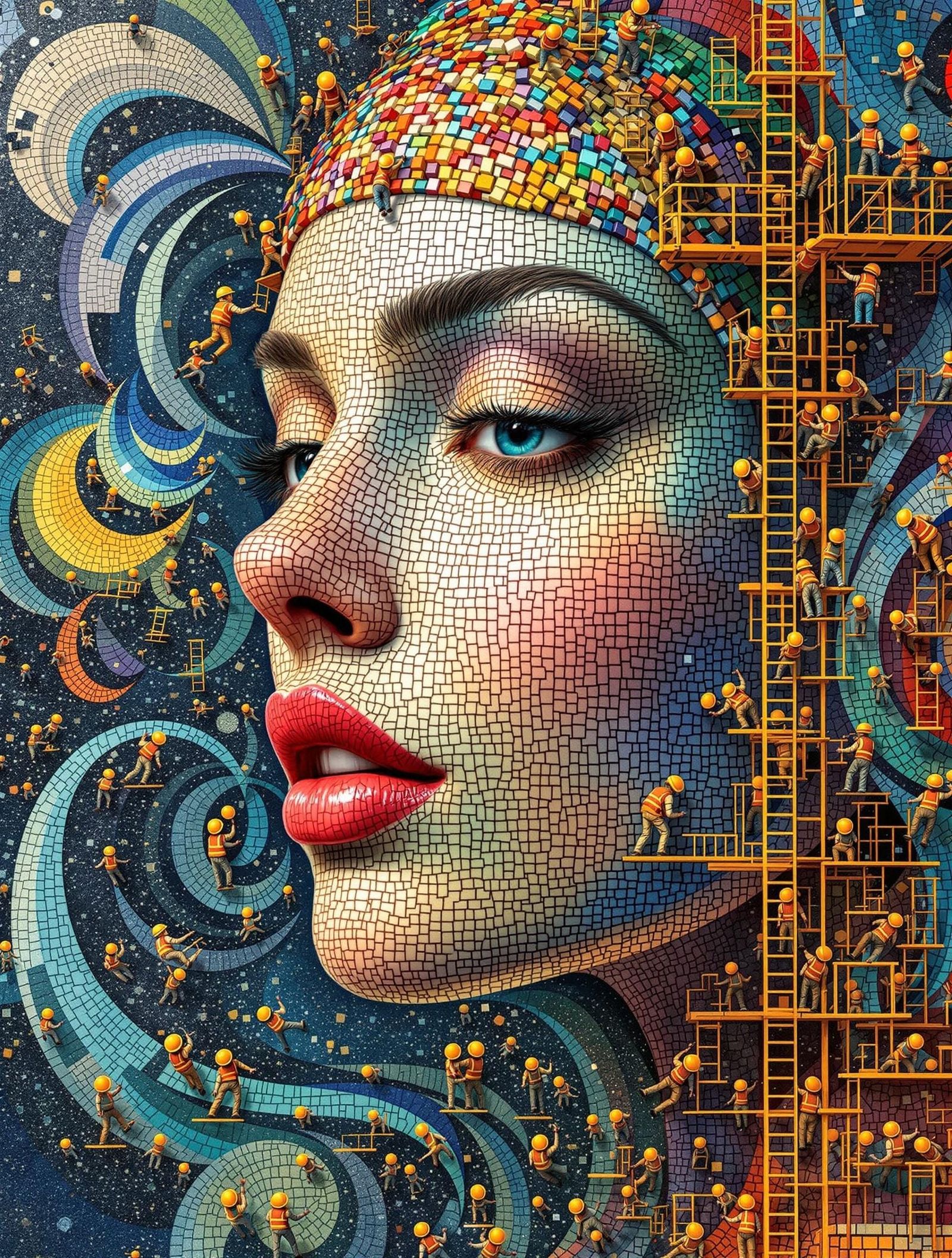 Stunning Cubist Portrait with Swirling Geometric Background