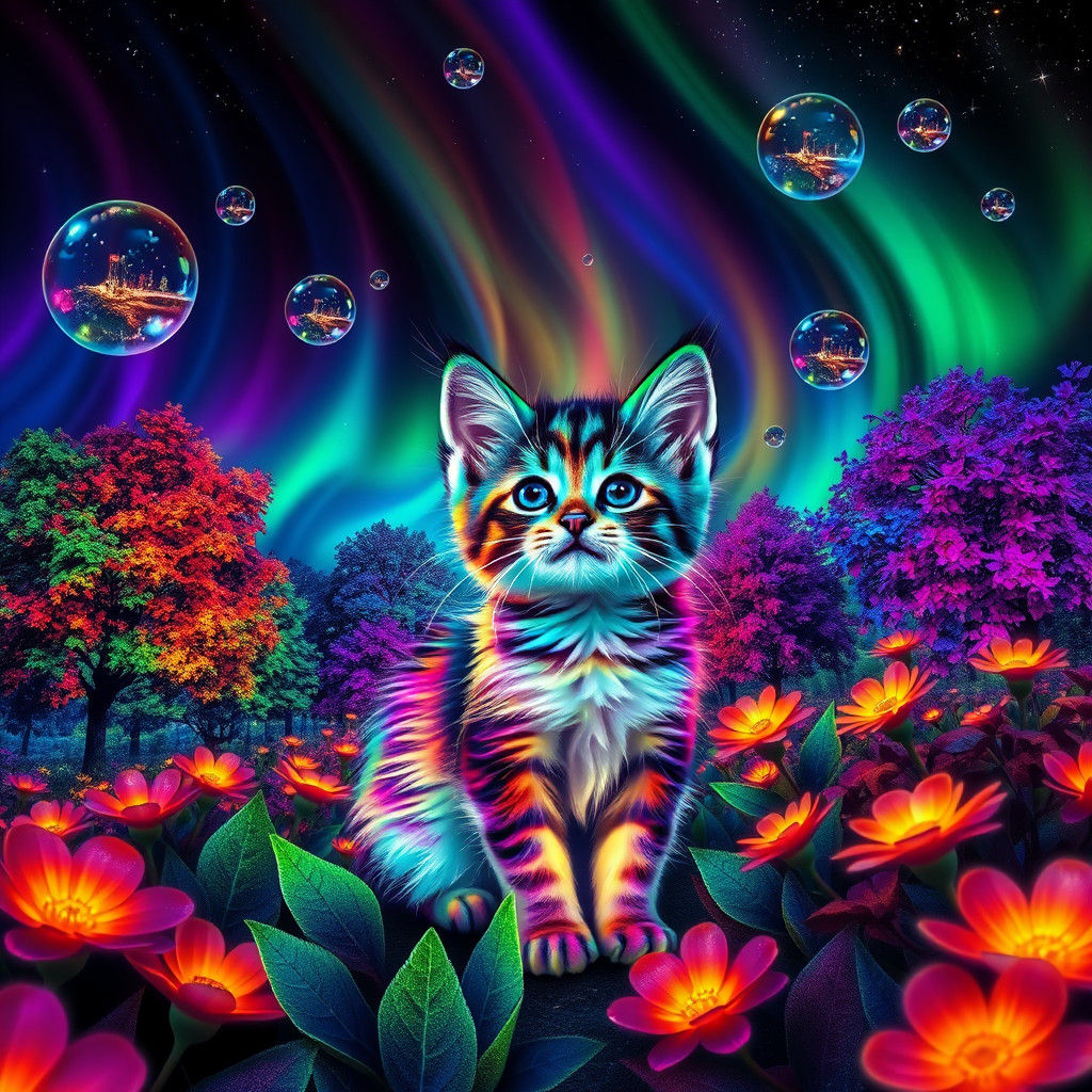 Bismuth Kitten in Bioluminescent Rainbow Garden