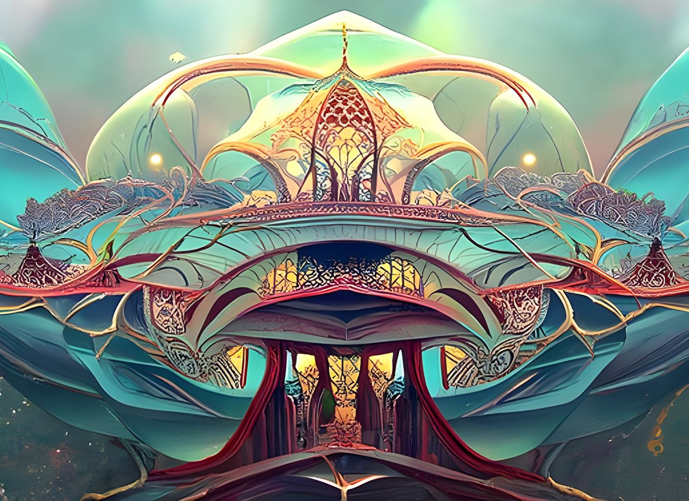 Alien Cityscape in Mystical Forest: Cel-Shaded Art