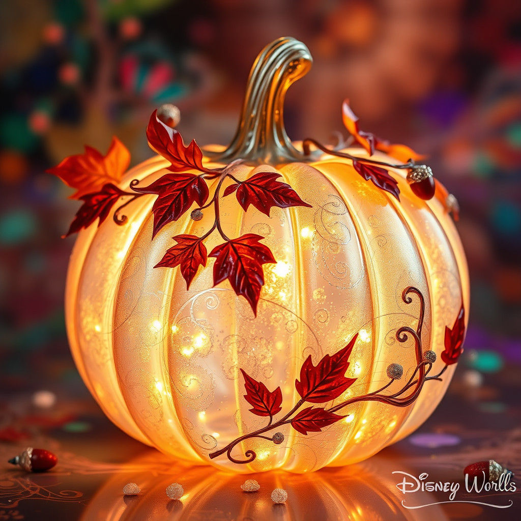 Glowing Glass Pumpkin with Autumn Leaves