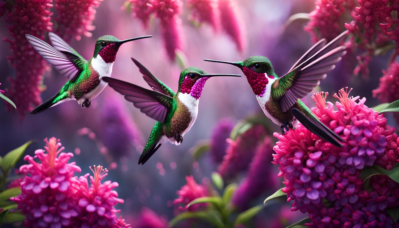 Hummingbirds and Butterfly Bushes in Matte Painting Style