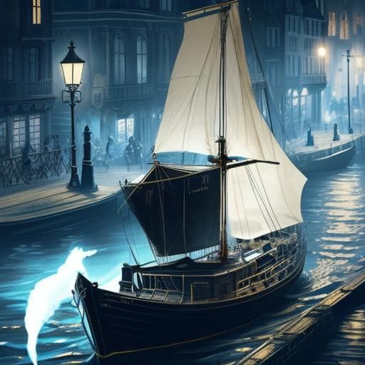 Steampunk Boat on Thames in Ink Painting Style