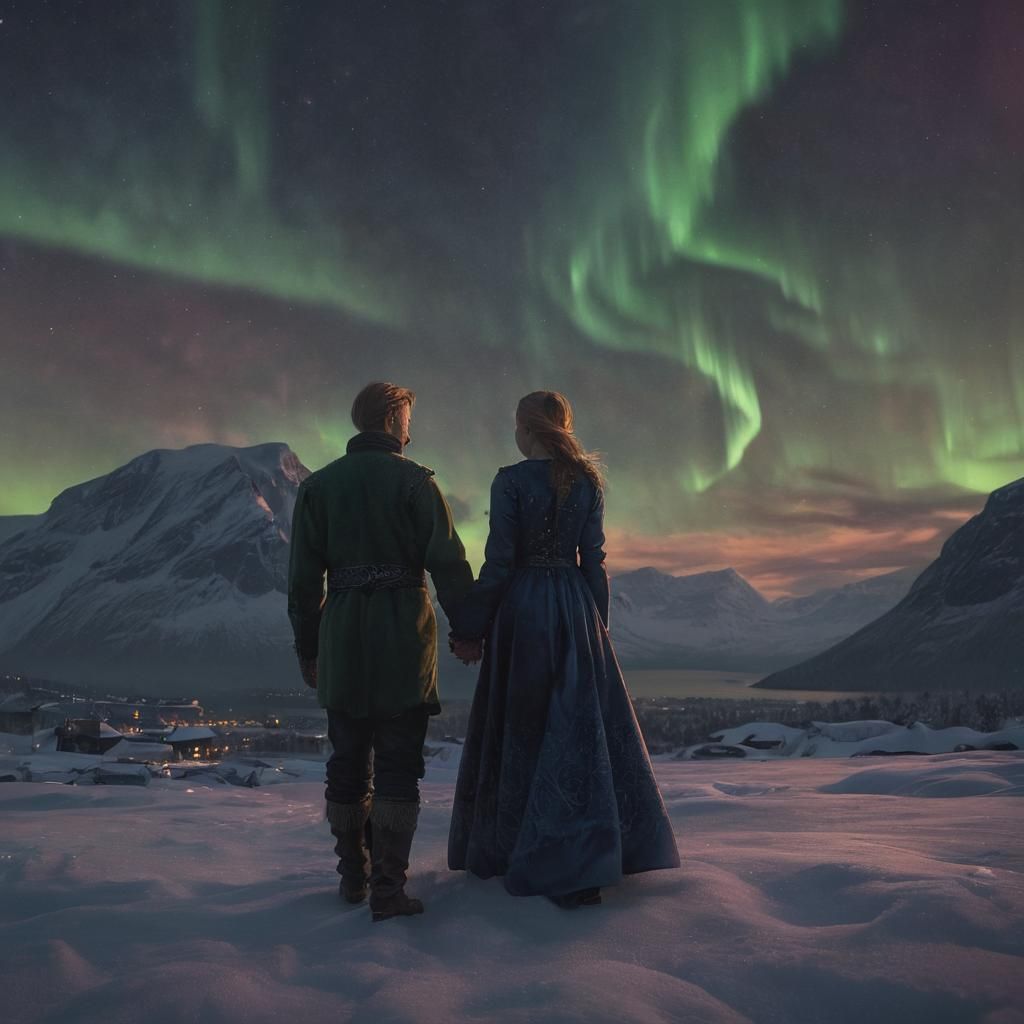 Ethereal Couple Amidst Norway's Vibrant Northern Lights