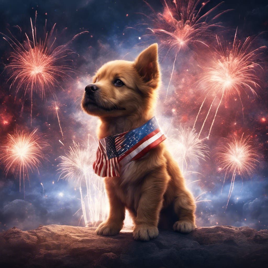 Patriotic Puppy Celebrates with Fireworks Display