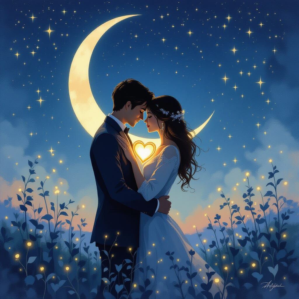 Couple Embracing Under Moonlight With Glowing Hearts