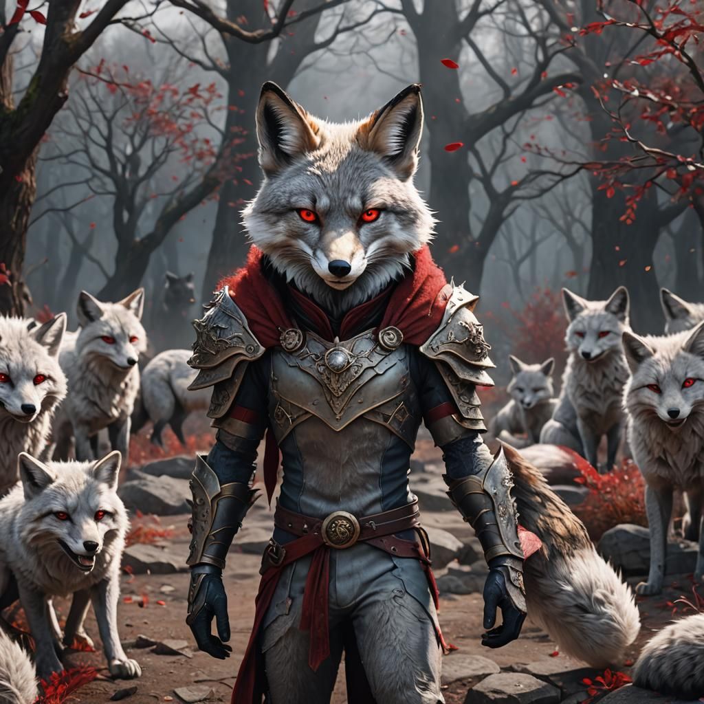 Anthro Grey Fox with Red Eyes, Detailed Matte Painting