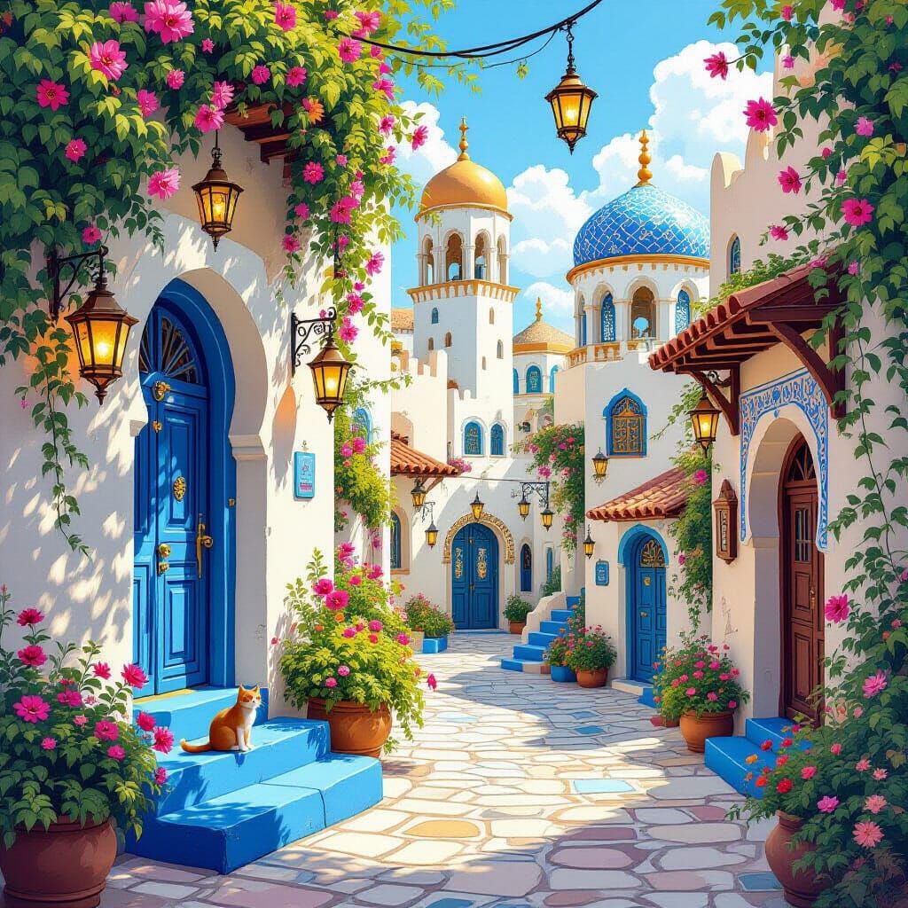 Fantasy Tunisian Village with Mosaic Patterns, Digital Paint...