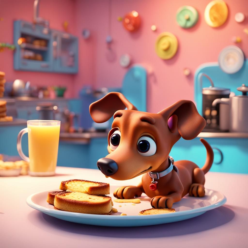 Dachshund Enjoys French Toast: Pixar Style 3D Art