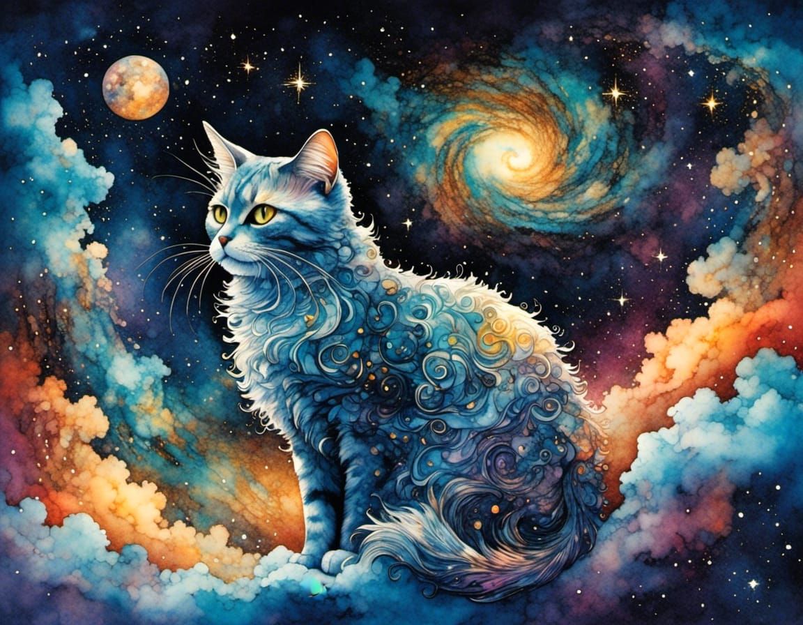 Space Cat in Starry Night, 3D Digital Art