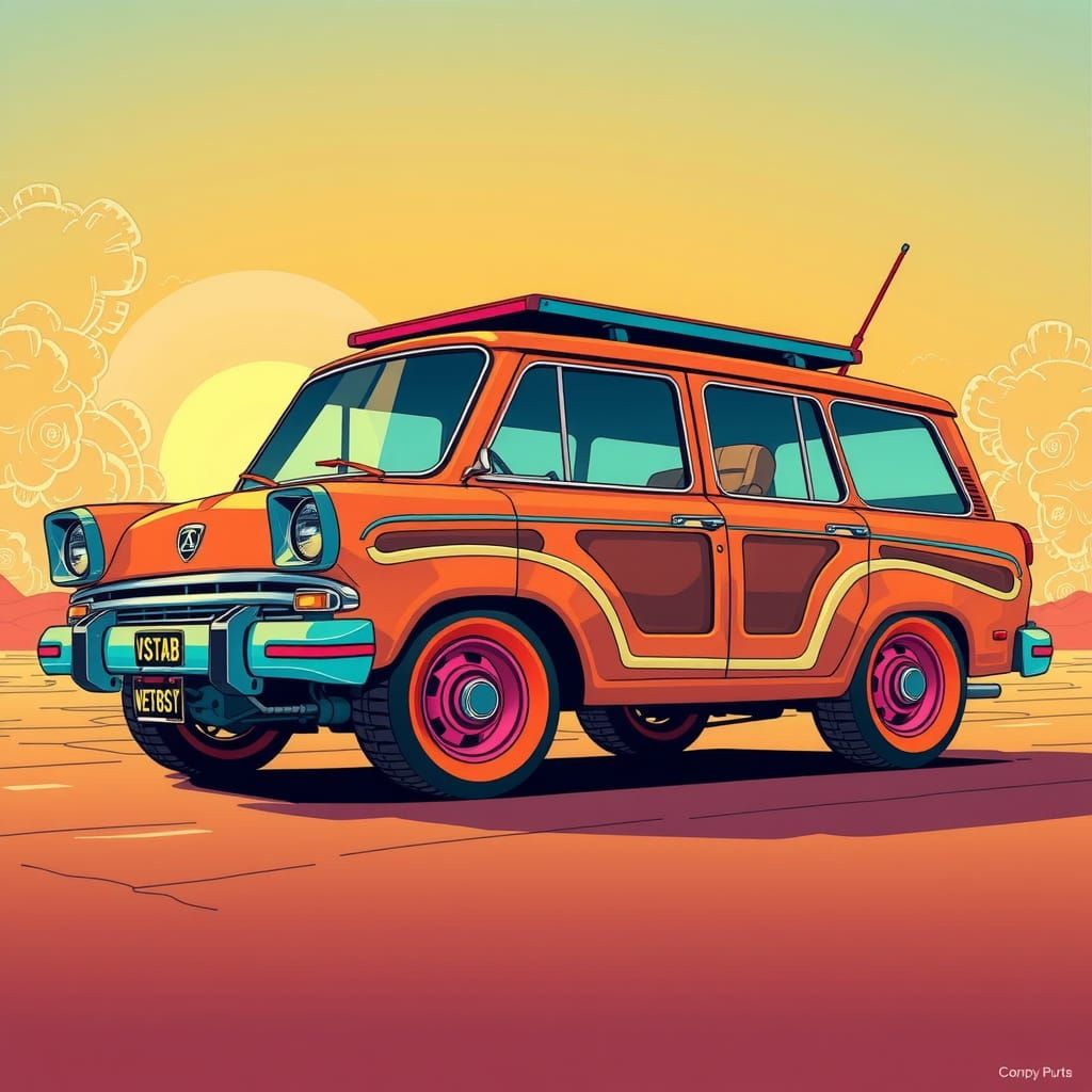 Whimsical Station Wagon with Rectangular Wheels in Pop Art S...