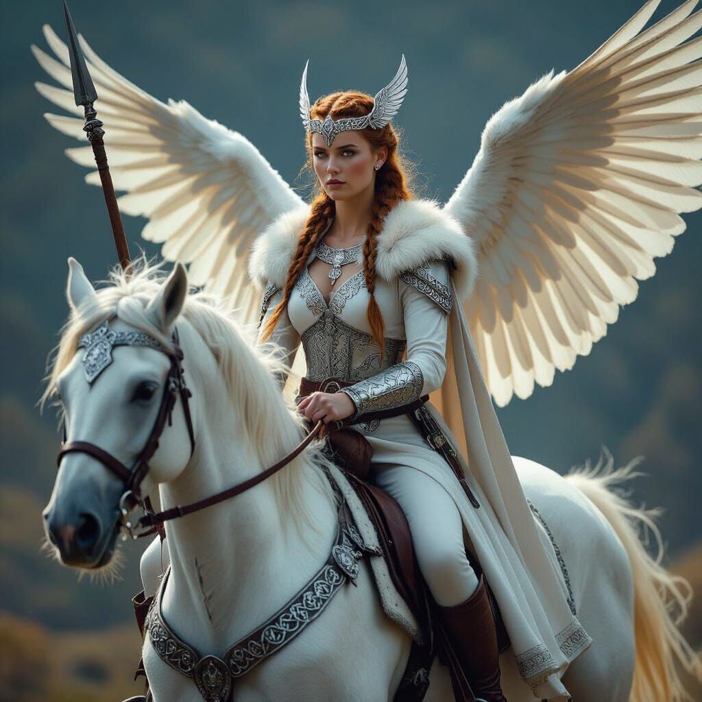 Viking Goddess Geirskogul on Winged Horse