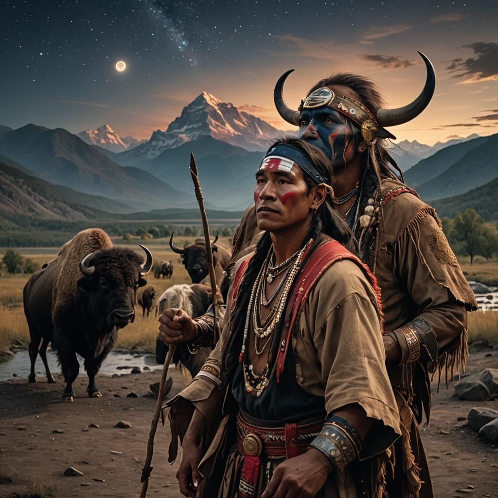 Native American Man Praying to Moon with Buffalo