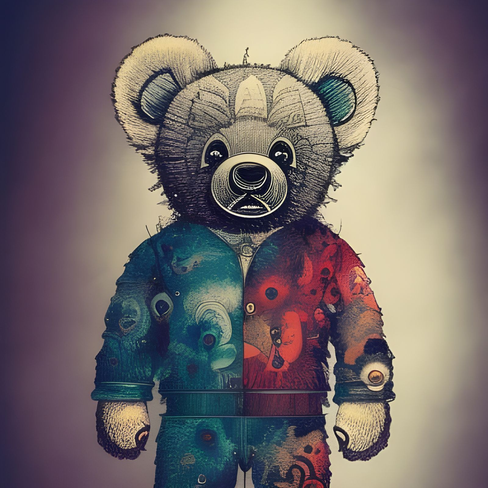 Colorful Teddy Bear Illustration in Moody Holographic Style