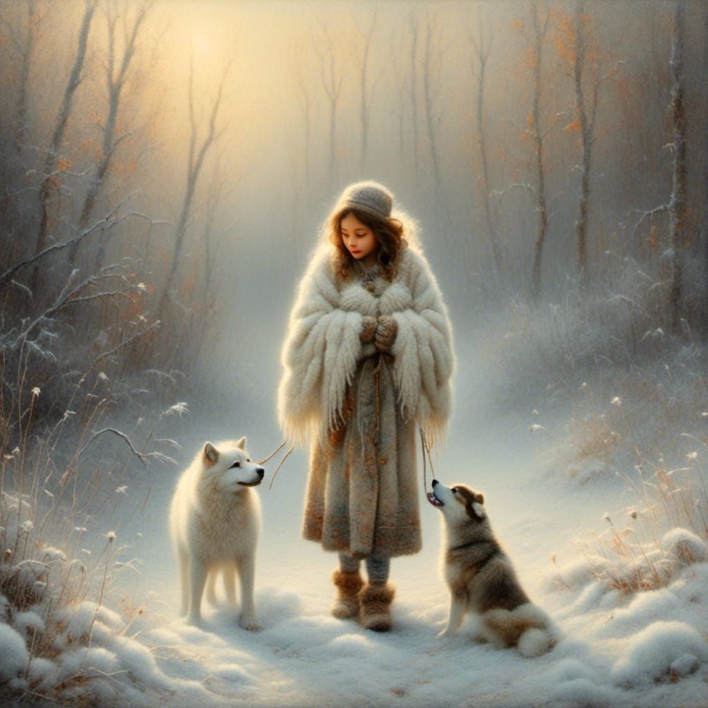 Eskimo Girl Hugs Husky: Impressionist Oil Painting