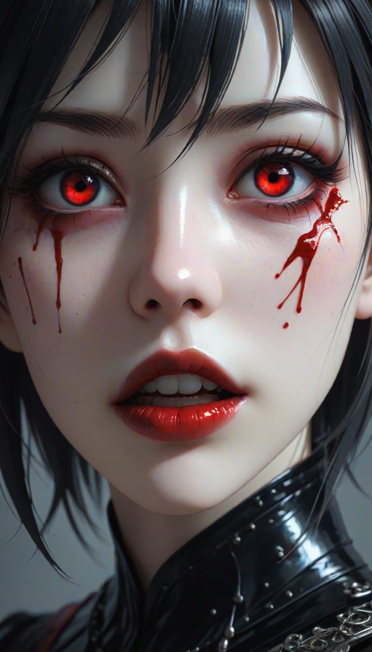 Gothic Anime Woman with Red Eyes and Blood