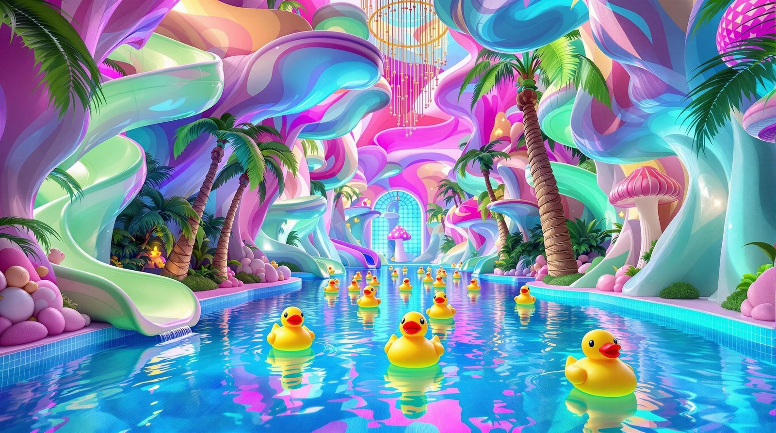 Surreal Poolrooms with Whimsical Slides and Glitchy Details