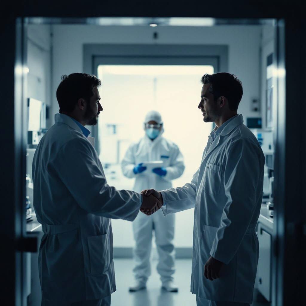 Sales Rep and Customer in Lab, Cinematic Style