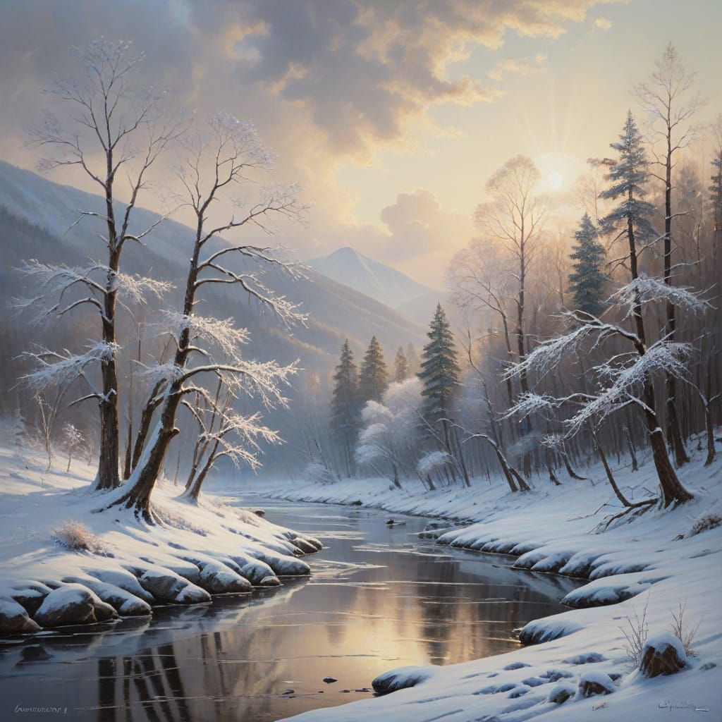 Winter Scene Landscape Painting in Oil on Canvas