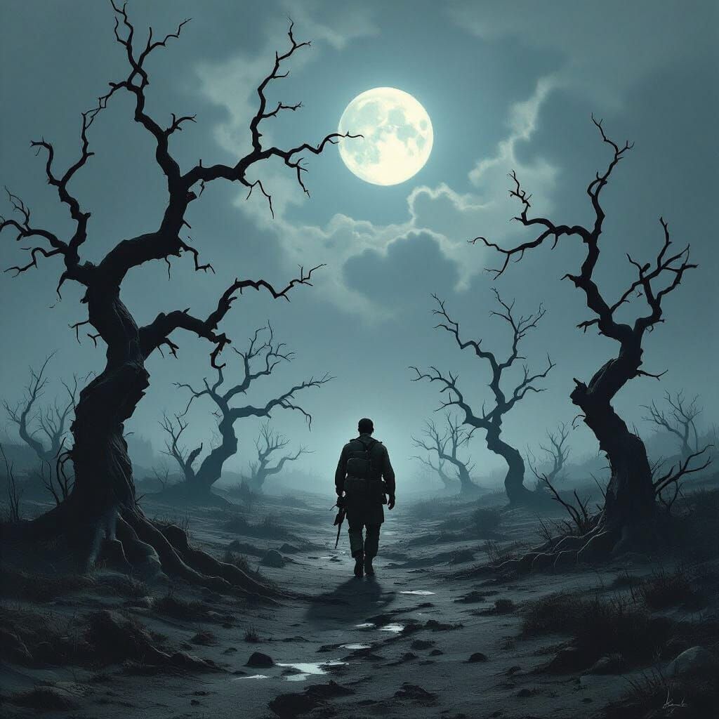 Wounded Soldier in Desolate Landscape Under Diffused Moon