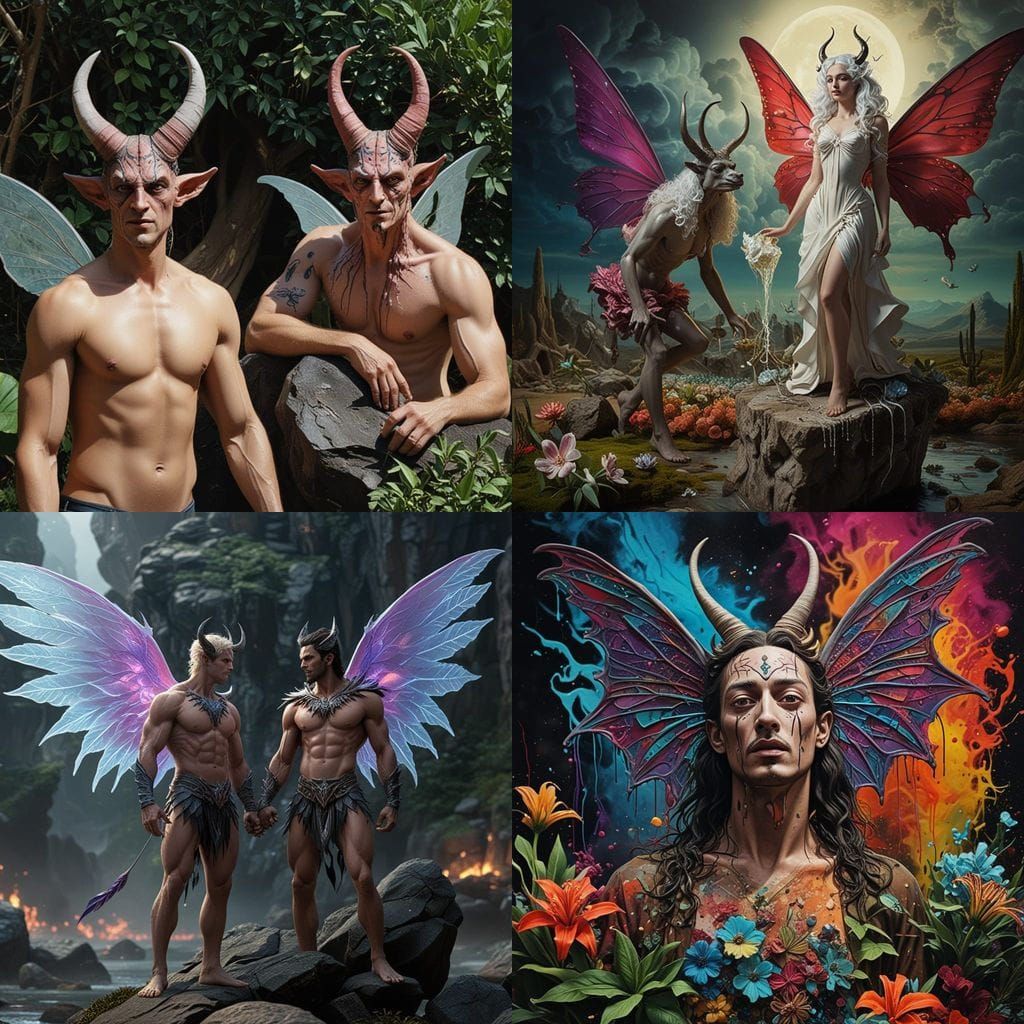 Demon and Fairy in Fantasy Garden, Moody Graffiti Art