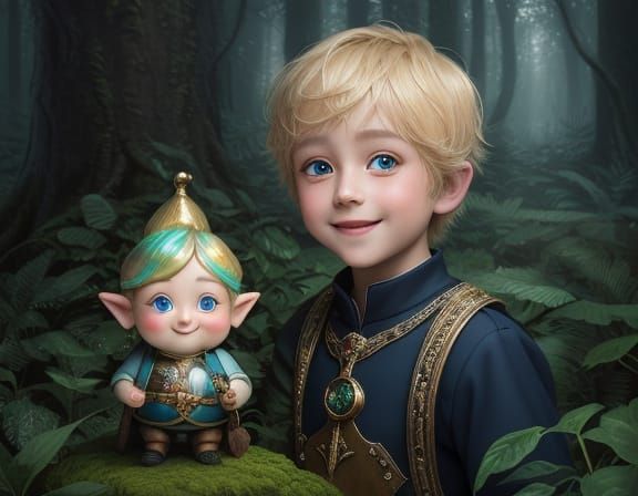 Child and Gnome in Magical Forest Oil Painting