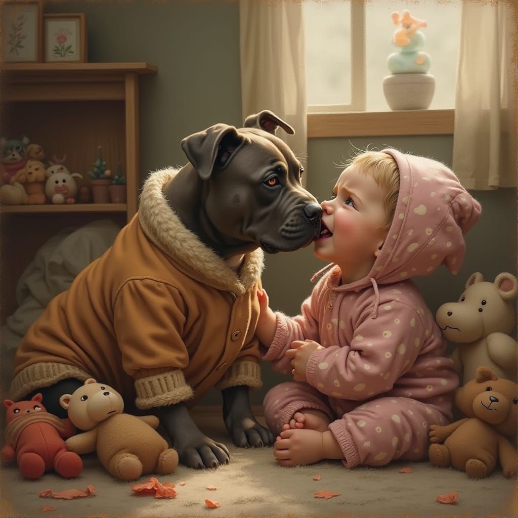 Heartwarming Pitbull Comforts a Crying Child in a Cozy Room