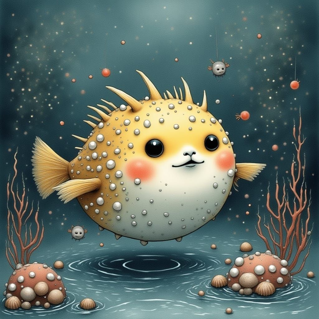 Dreamy Watercolour Pufferfish in Whimsical Fairy Tale Style