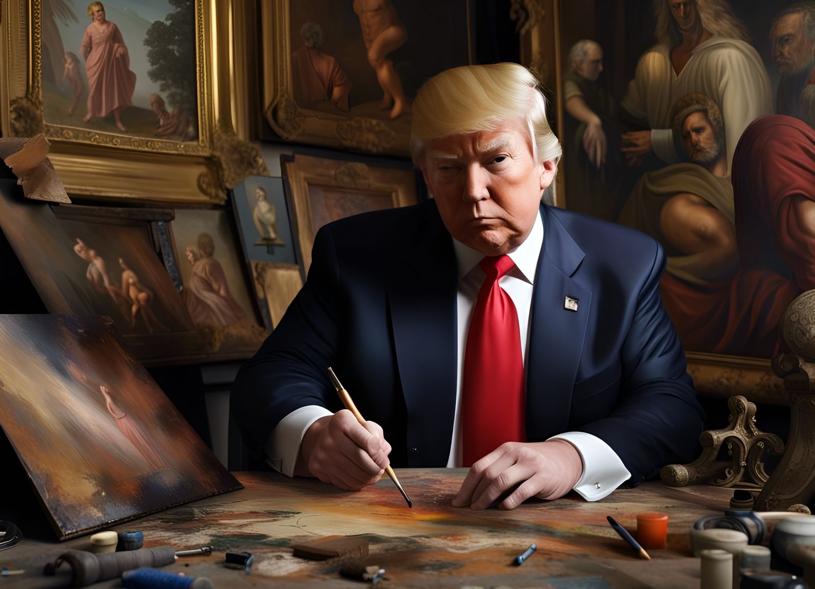 Donald Trump as a renaissance painter in his studio. detailed painting hyperrealism renaissance painting. maximalist