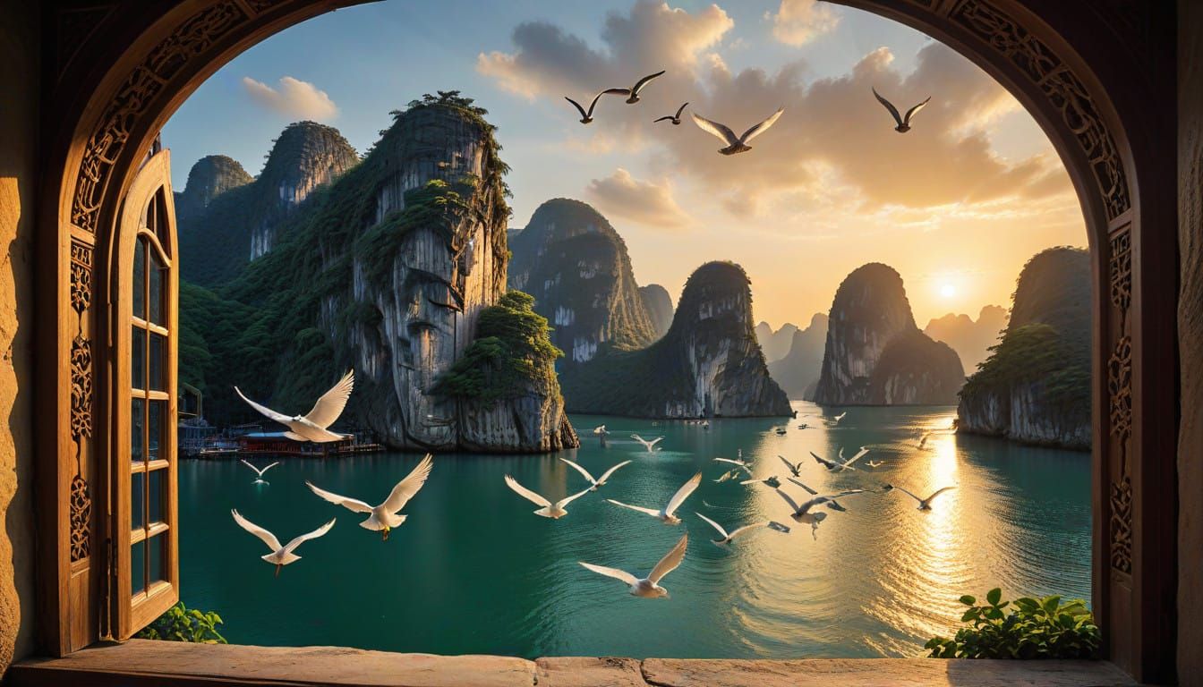 Ancient Wooden Window Frames Ha Long Bay Sunset