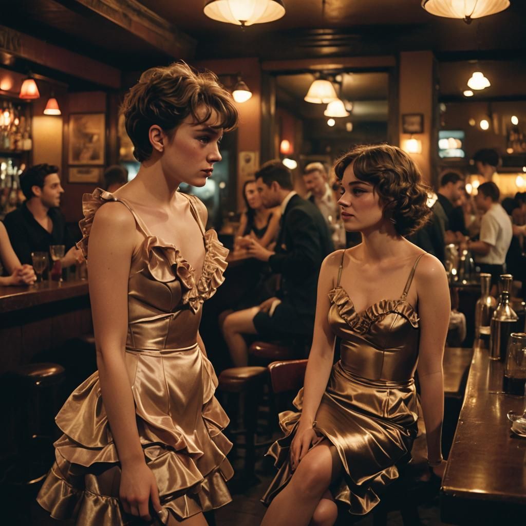 Boy in Ruffled Dress at Bar, Film Noir Style