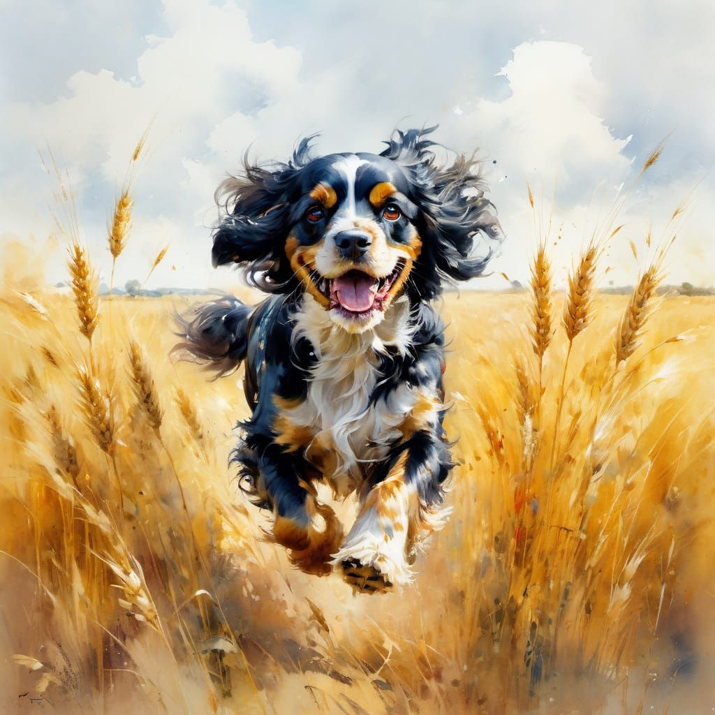 Cocker Spaniel Running in Wheat Field Watercolor Portrait