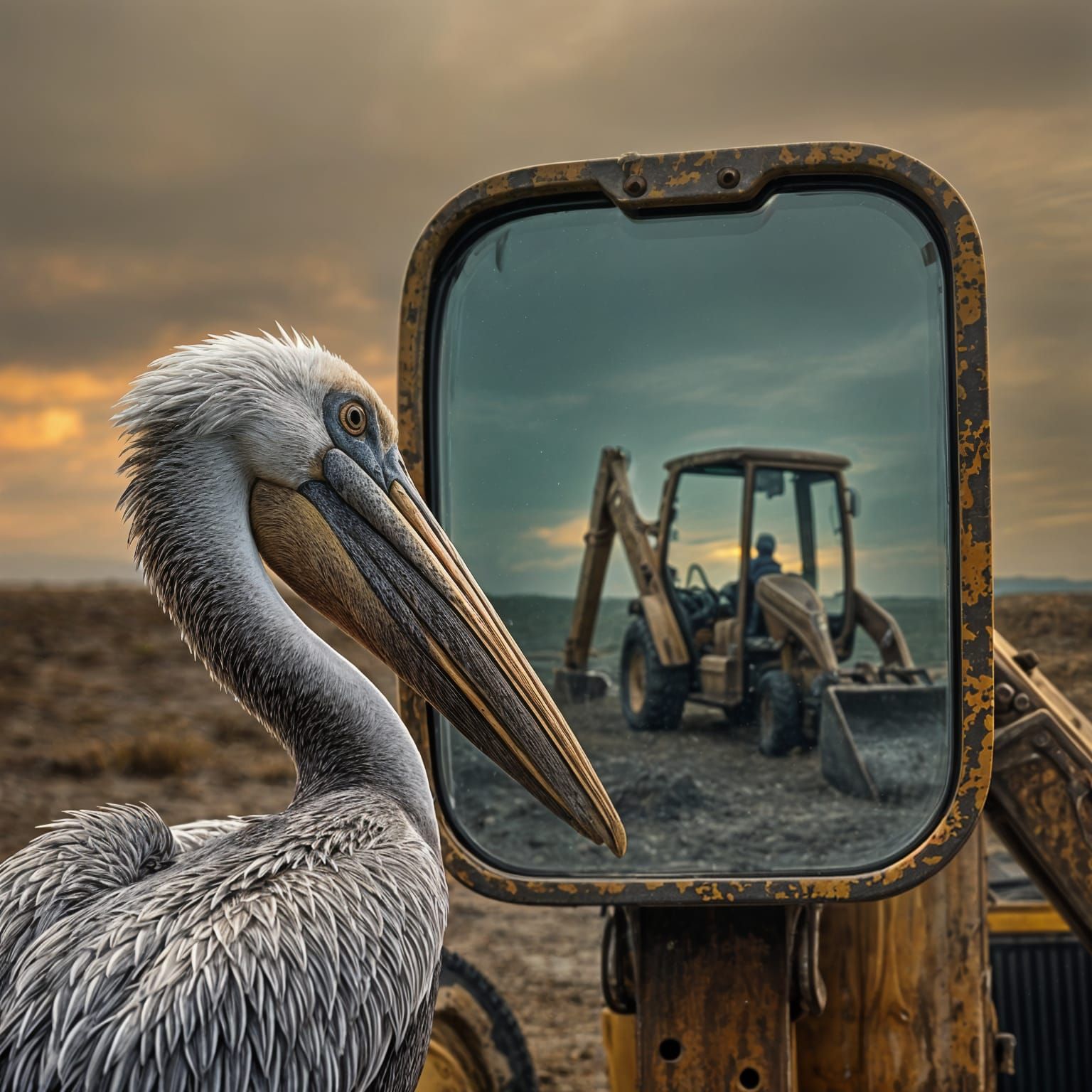 Pelican Contemplates Industrial Reflection