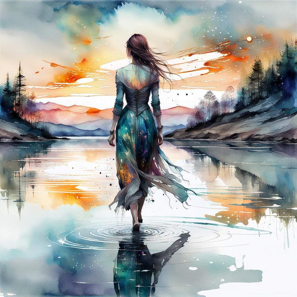 Woman Walking on Water: Digital Watercolor Art