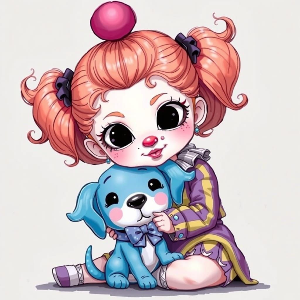 Whimsical Clown Cuddles Blue Puppy in Pastel Hues