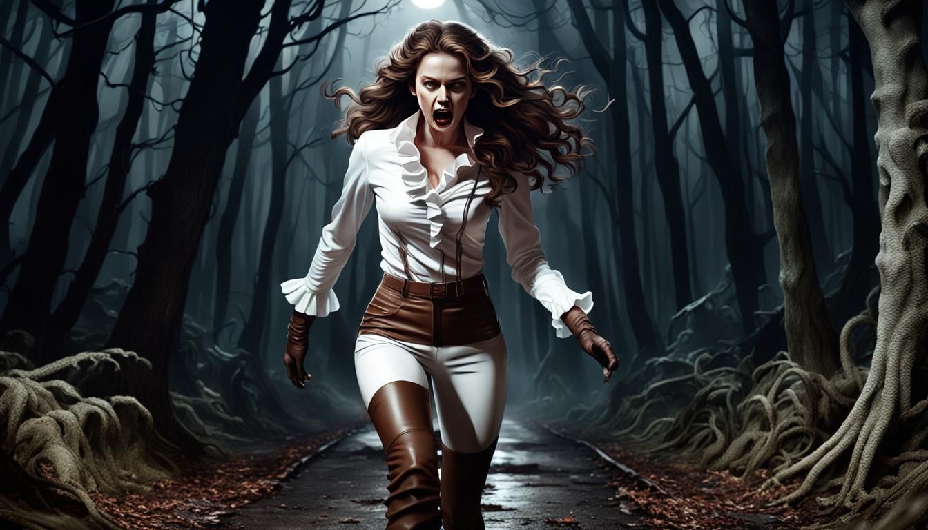 Woman Escapes Ghost in Dark Forest: Hyperrealistic Art