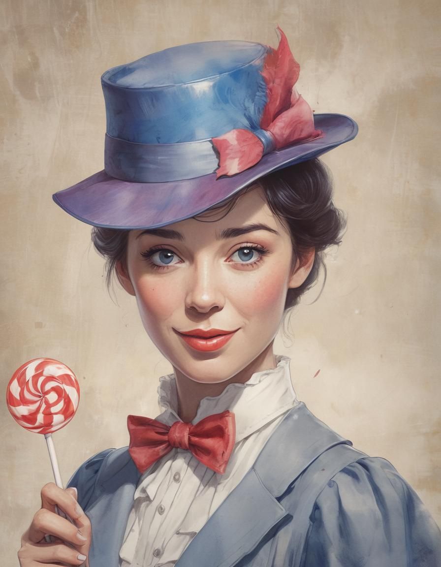 Mary Poppins Mugshot in Manga Watercolor Style