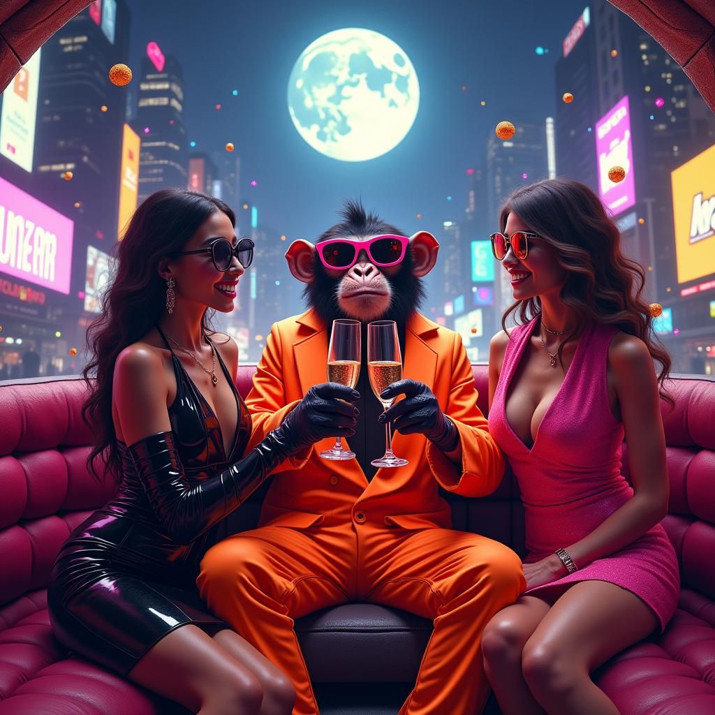 Monkey DJ Raves in Neon Limousine, Matte Painting