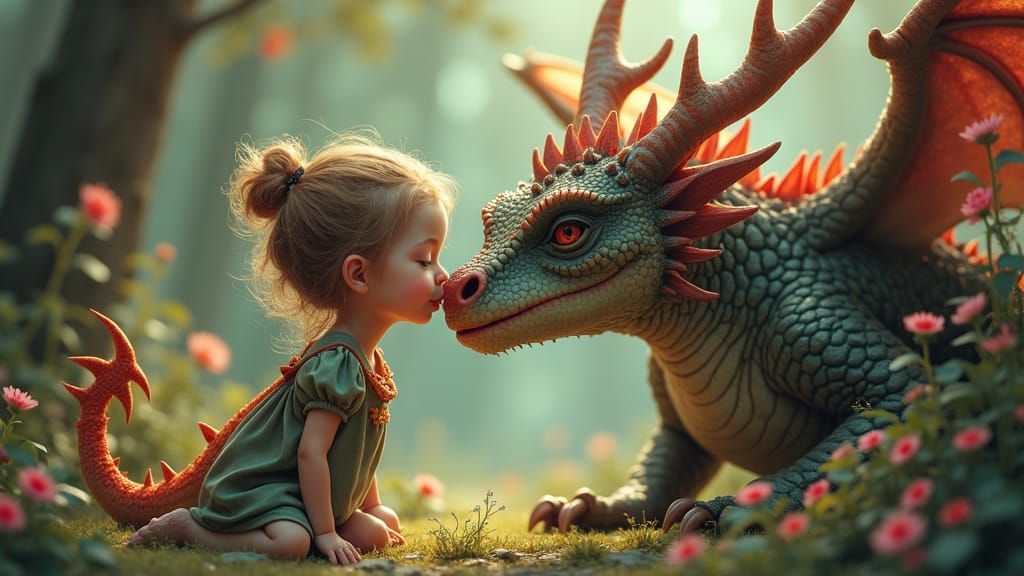 Girl Bonds with Baby Dragon in Whimsical Digital Art