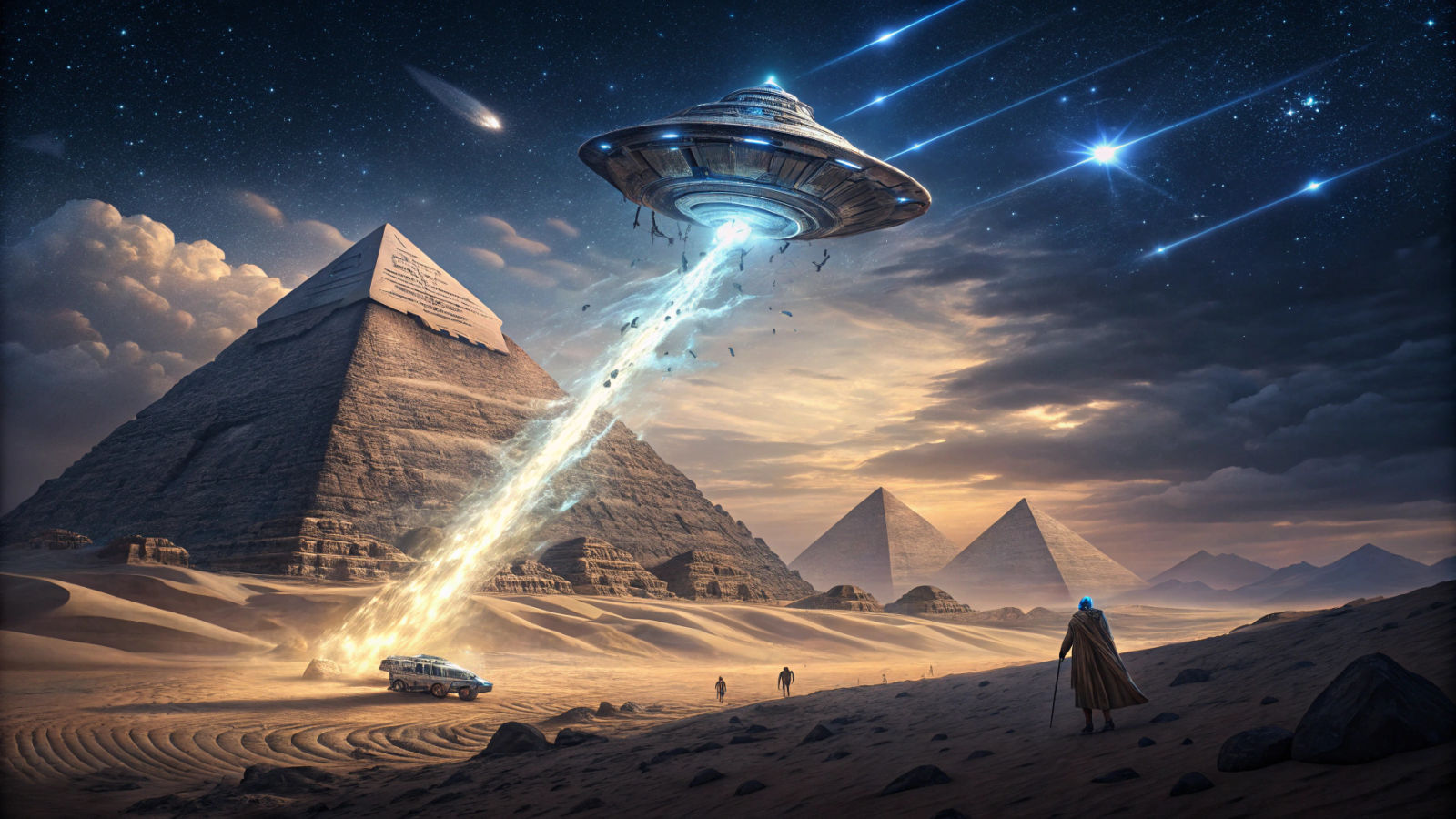 Futuristic Spaceship Connects Cosmic Ray to Egyptian Pyramid