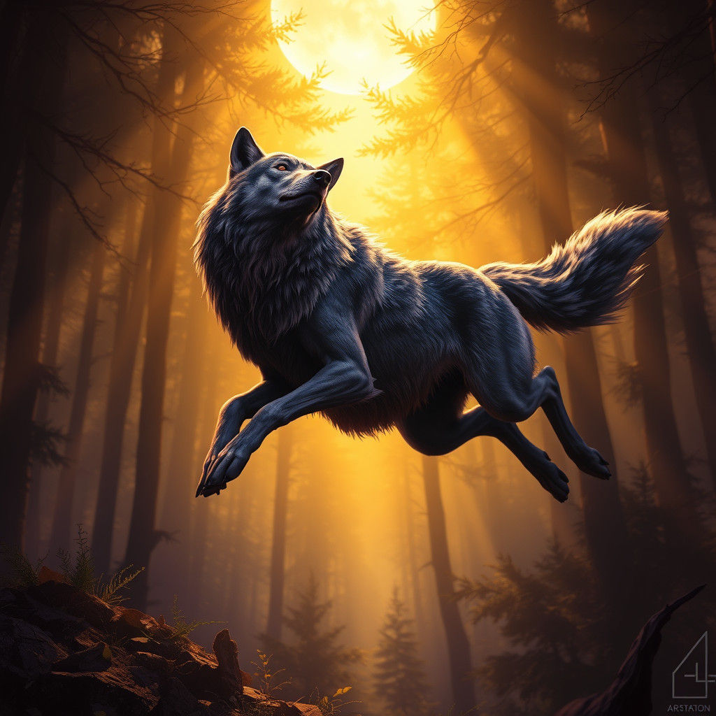 Wolf Leaping in Mystical Golden Light
