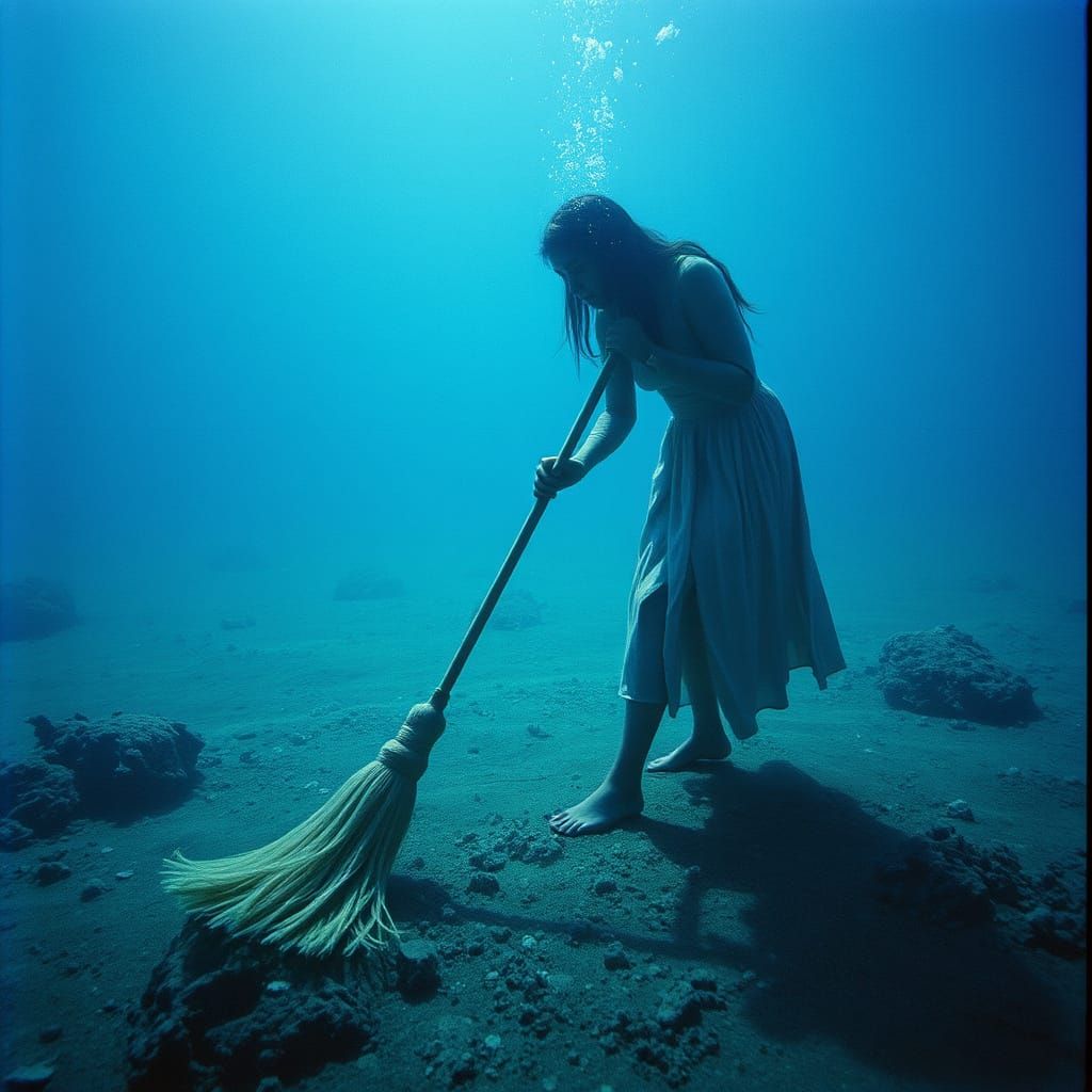 Woman Sweeping Ocean Floor: Cinematic Still