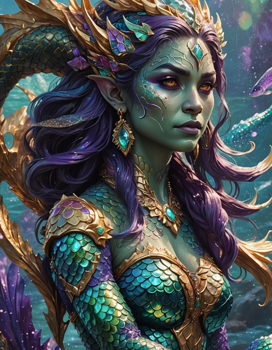 Hyperrealistic Orc Mermaid with Shimmering Scales