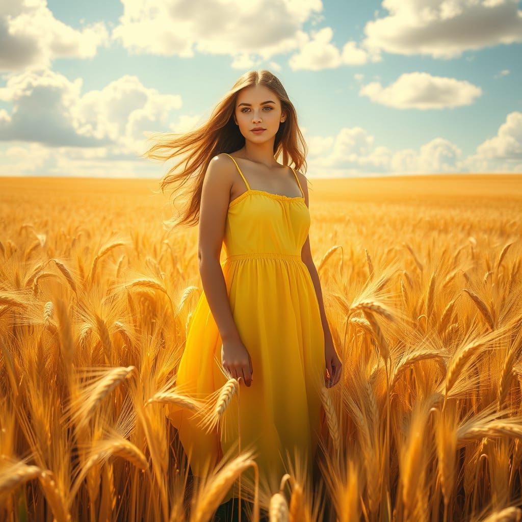 Young Woman in a Golden Wheat Field Paradise