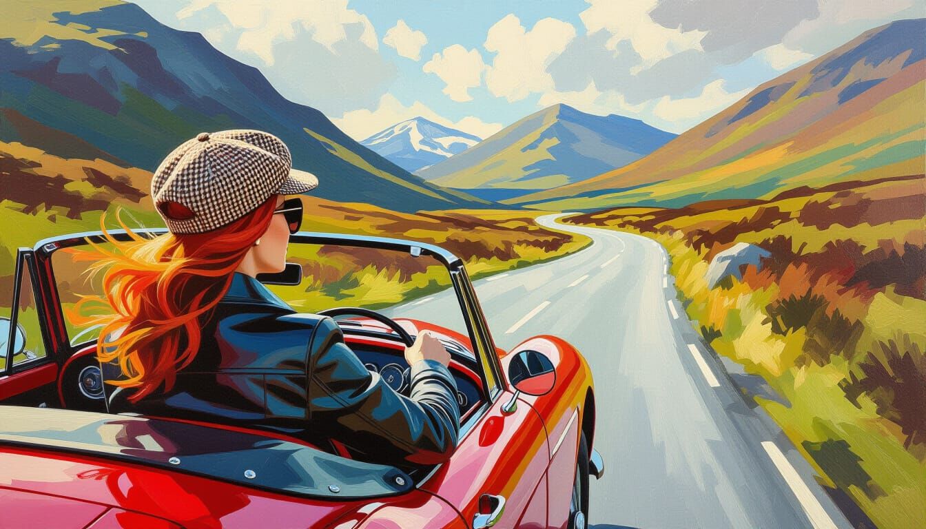 Scottish Woman Drives Classic Car in Gouache Style