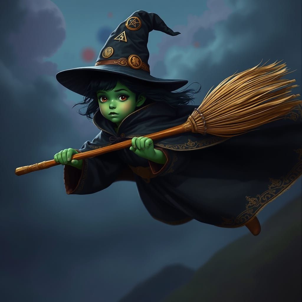 Young Green-Skinned Witch Soars Through the Air with Magic