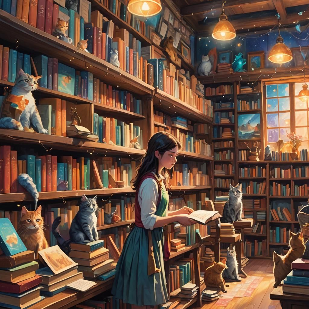 Magical Bookstore Scene with Talking Cat, Fantasy Art