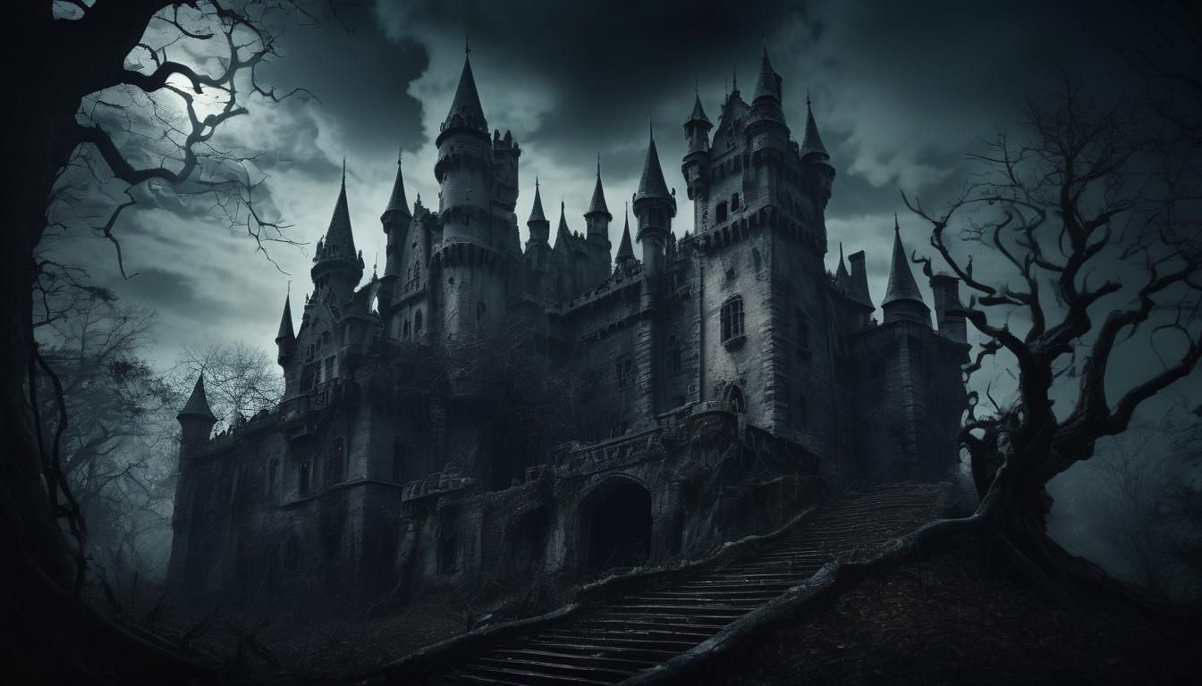 Menacing Gothic Castle in Dark Forest Illustration