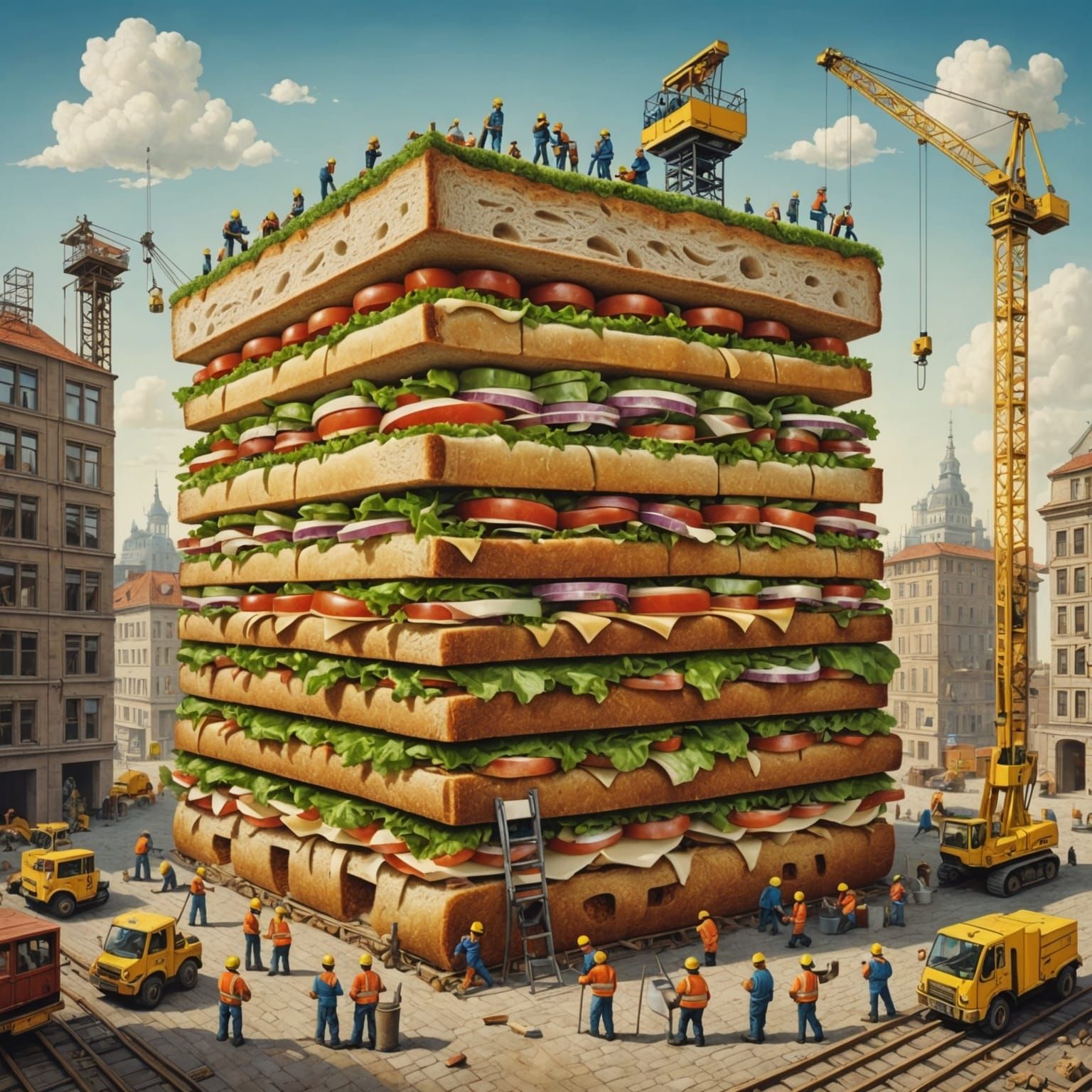 Construction Workers Build Giant Sandwich: Yerka Style