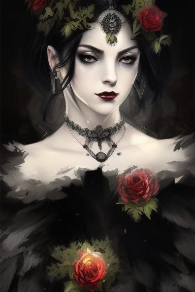 Gothic Queen Portrait with Black Crown and Roses